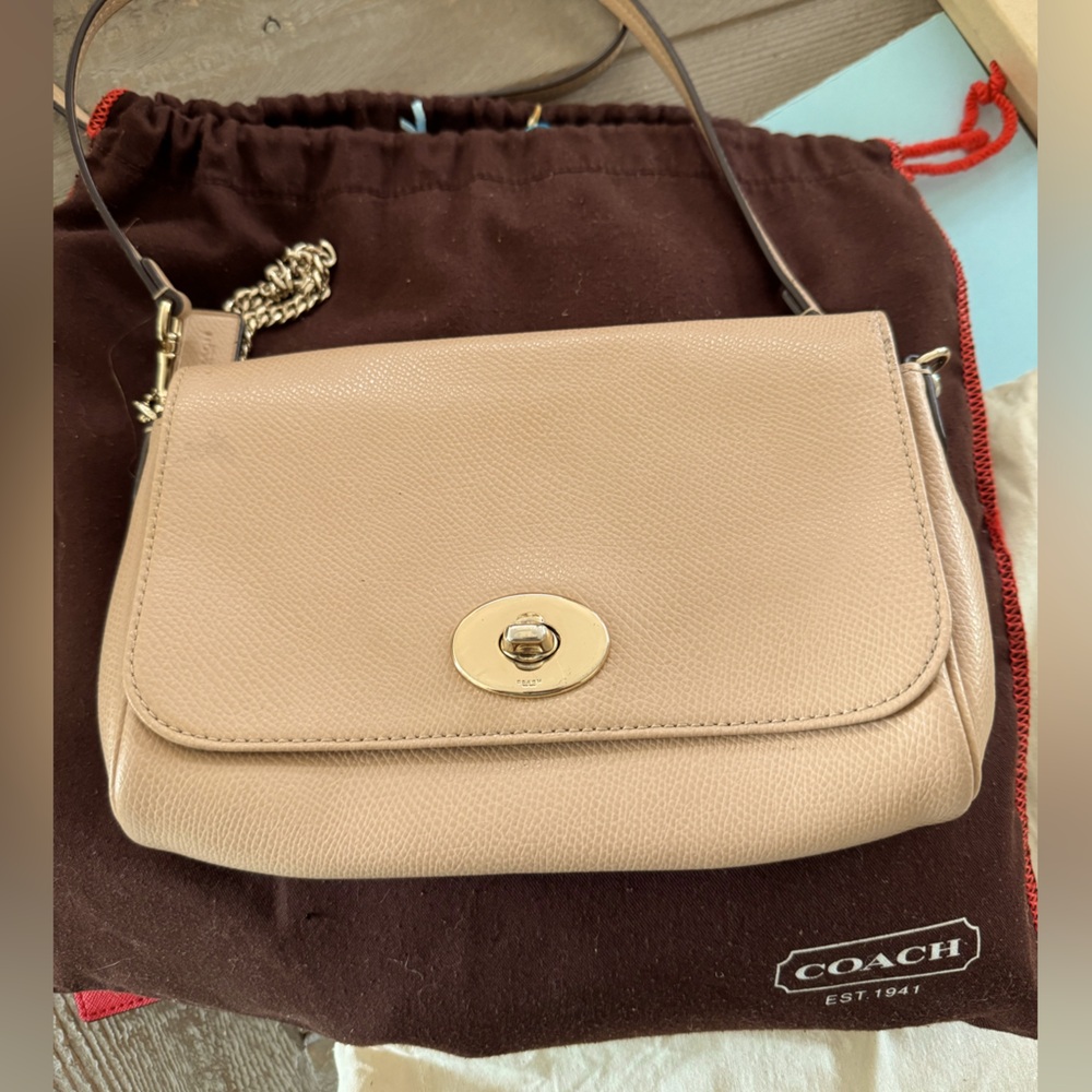 Coach Tan patent Leather Flap Crossbody Bag Clutch.